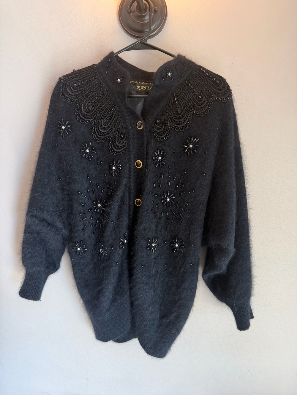 Vintage 80s Rafiana Angora Lambswool Fuzzy Beaded Sweater Jacket Cardigan Small